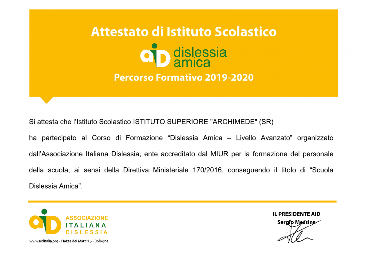 Certificazione Dislessia Amica a.s. 2019/2002